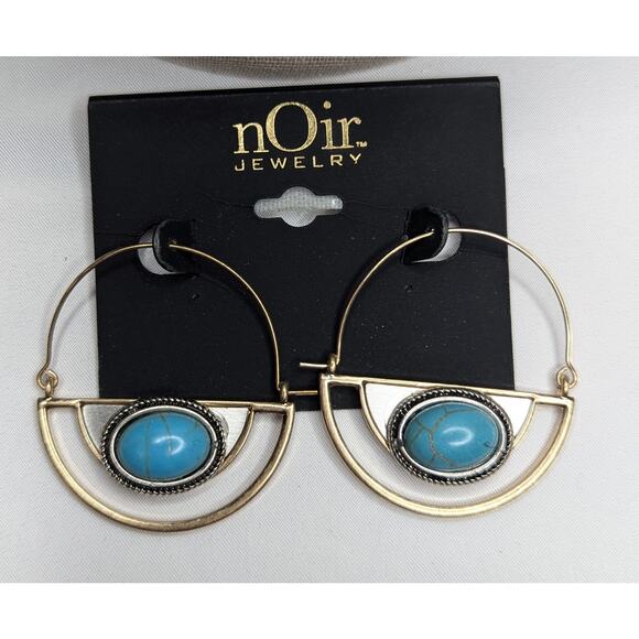Noir Turquoise Swing Hoop Gold Tone Earrings - Picture 2 of 4